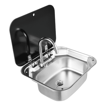Fichiouy RV Caravan Sink Stainless Steel Hand Wash Basin Sink Single Bowl Rectangular Sink with Folded Faucet