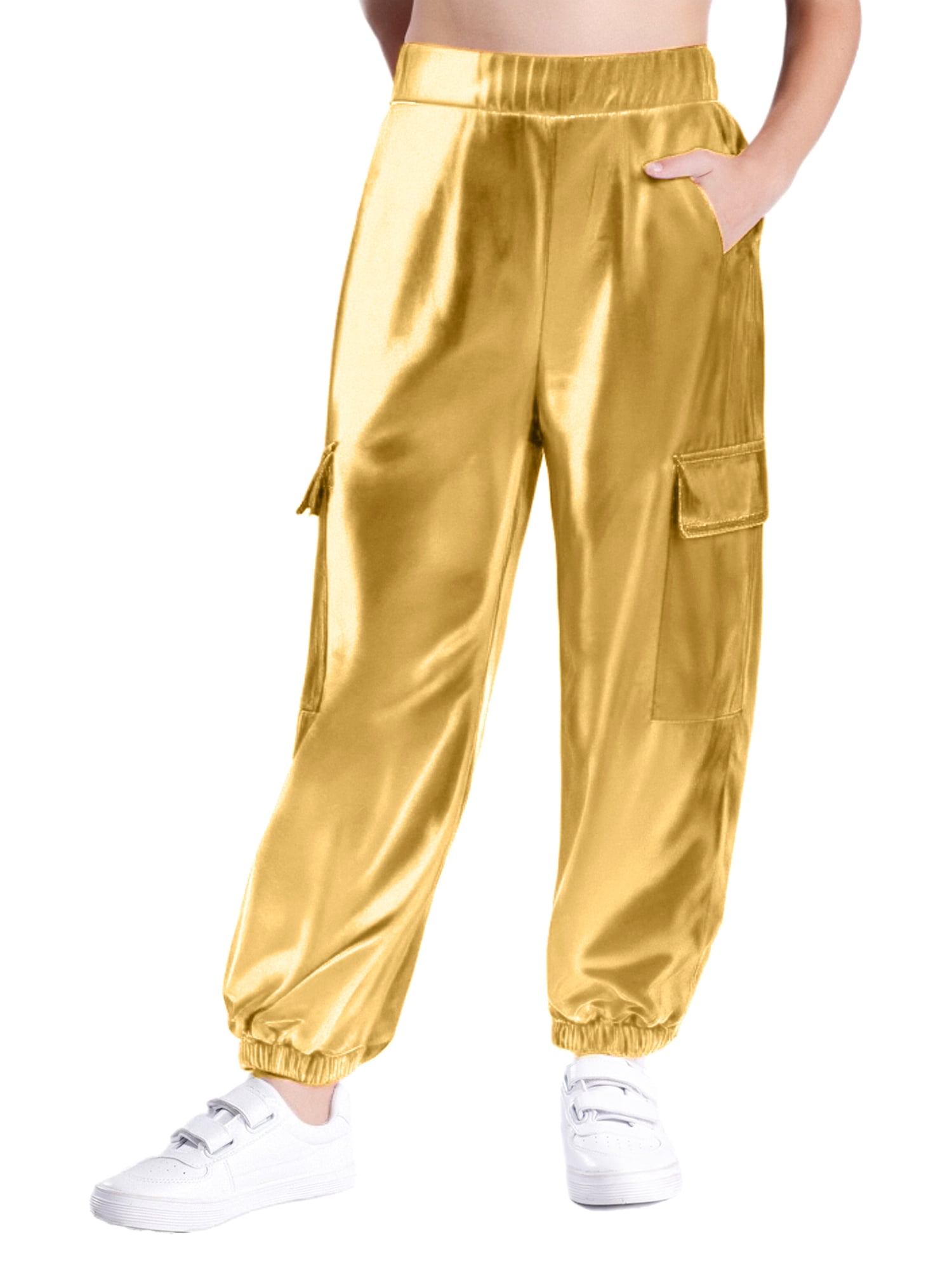 RUNQHUI Girls Boys Metallic Shiny Cargo Pants Kids Multi Pockets Joggers Holographic Hip Hop Jazz Dance Trousers Gold 10
