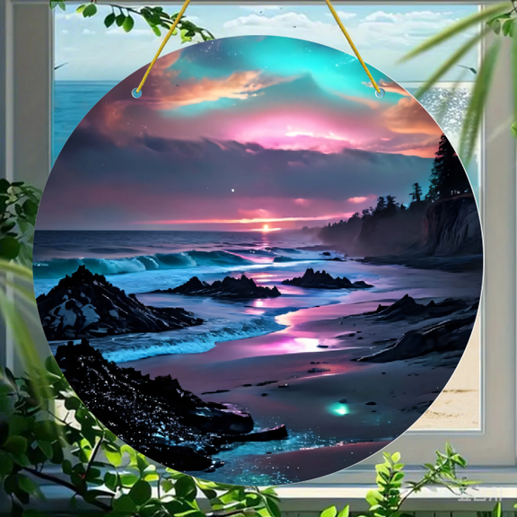 Acrylic Round Hanging Ornament, Surreal Coastal Sunset Landscape with Magenta and Teal Clouds, Durable Acrylic Wall Decor for Home and Car Interior, 1 Pack