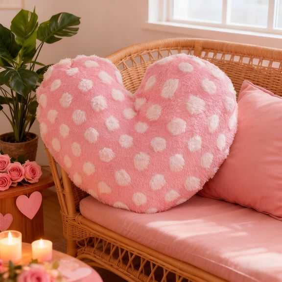 Valentines Day Heart Pillow, Heart Shaped Pillow Plush Throw Pillow with Polka Dot Jacquard Decorative Cushion for Holiday Home Party Couch Bed Sofa Valentine's Day Decor