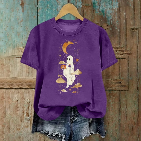 SOOMLON Halloween T Shirts for Women Plus Size Short Sleeve Ghost Pumpkin Outfits Crewneck Hand Prints Bats Party Attire Spider Witch Apparel Witch Hat Themed Clothing Purple 3XL