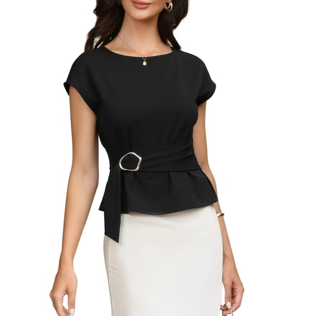 Camiseta sin mangas de trabajo INSPIRE CHIC para mujeres, cuello redondo, camisas de negocios casuales con cinturón, XS, negra