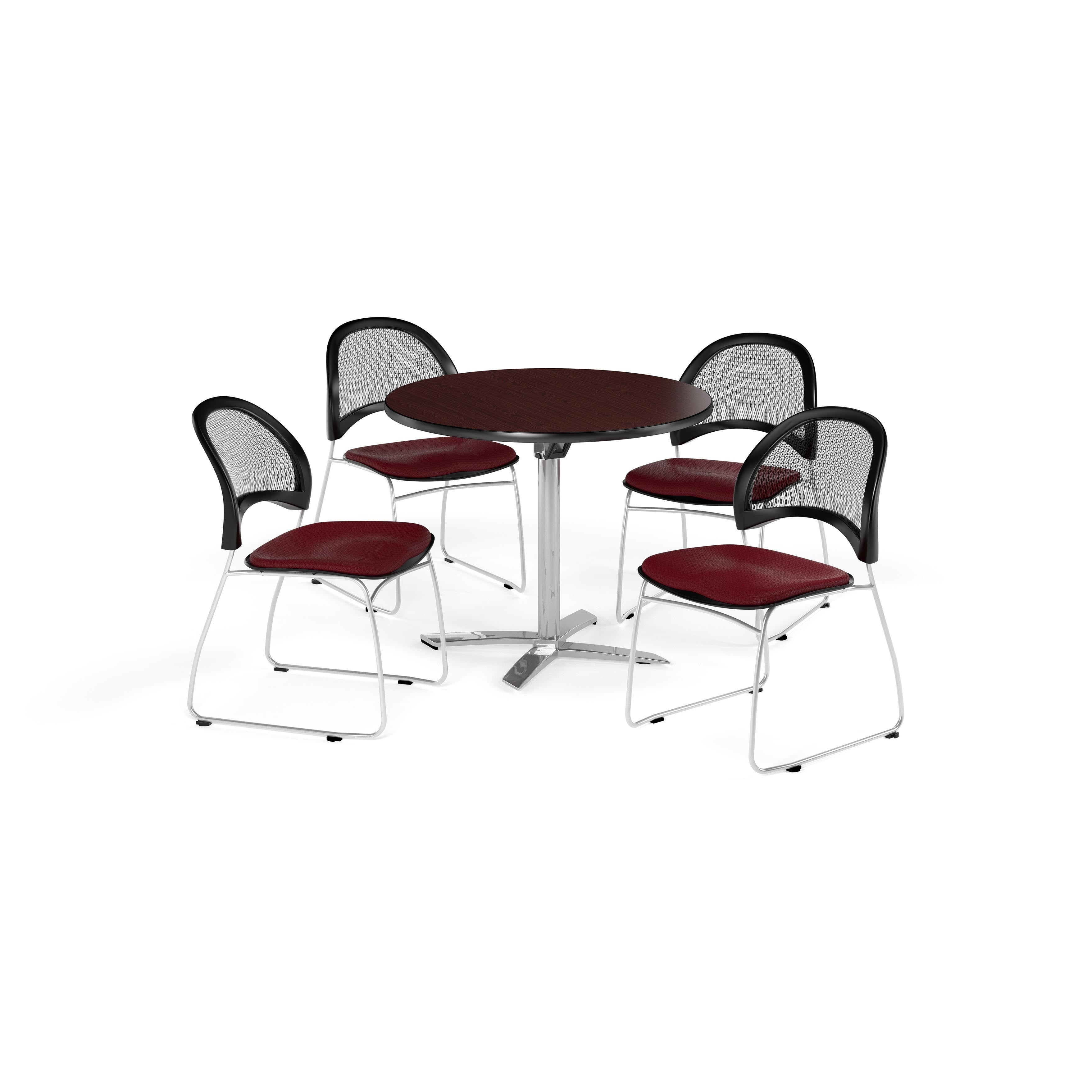 OFM Multi-Use Break Room Package, 42" Round Flip-Top Table with Moon Stack Chairs, Mahogany Finish with Lavender Seats (PKG-BRK-171)