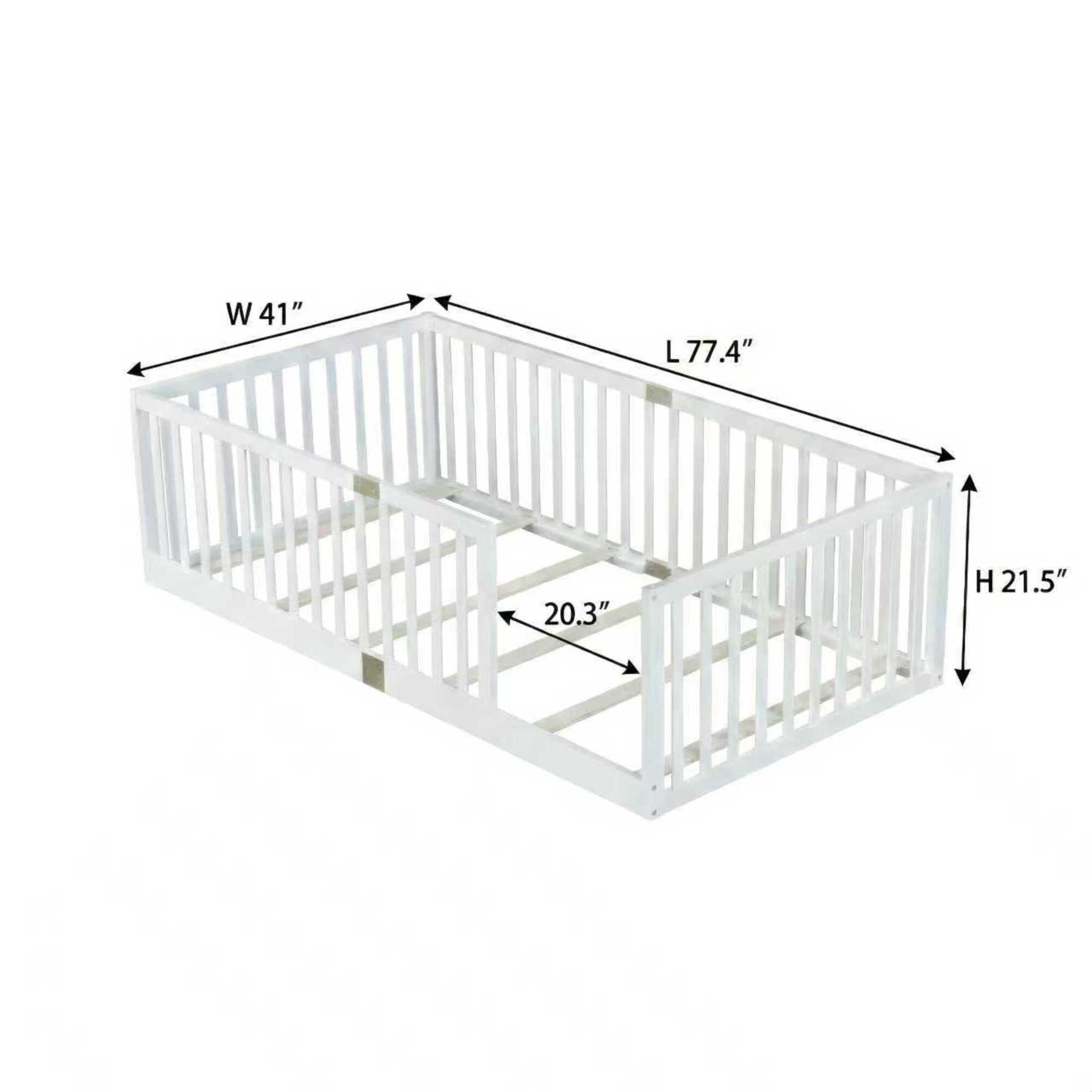Noble House Alista Twin Size Rubber Wooden Floor Bed with High Safety Fence Guardrails, White