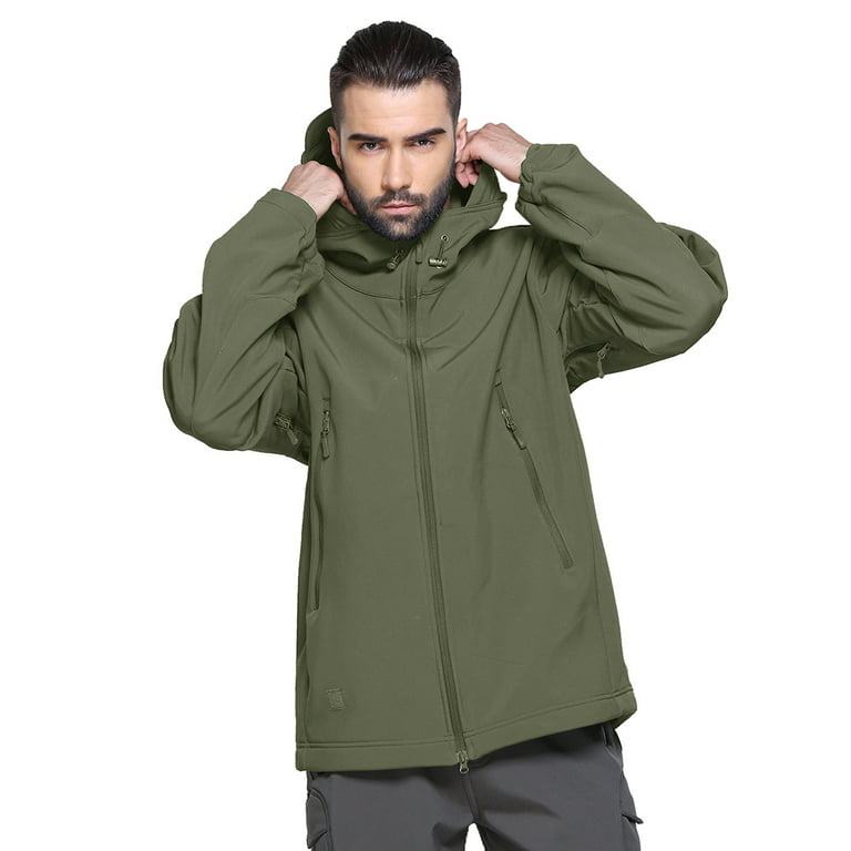 TACVASEN Men Windproof Soft Shell Outdoor Fleece Hoodie Velcro Cuffs Coat  Army Green 2XL