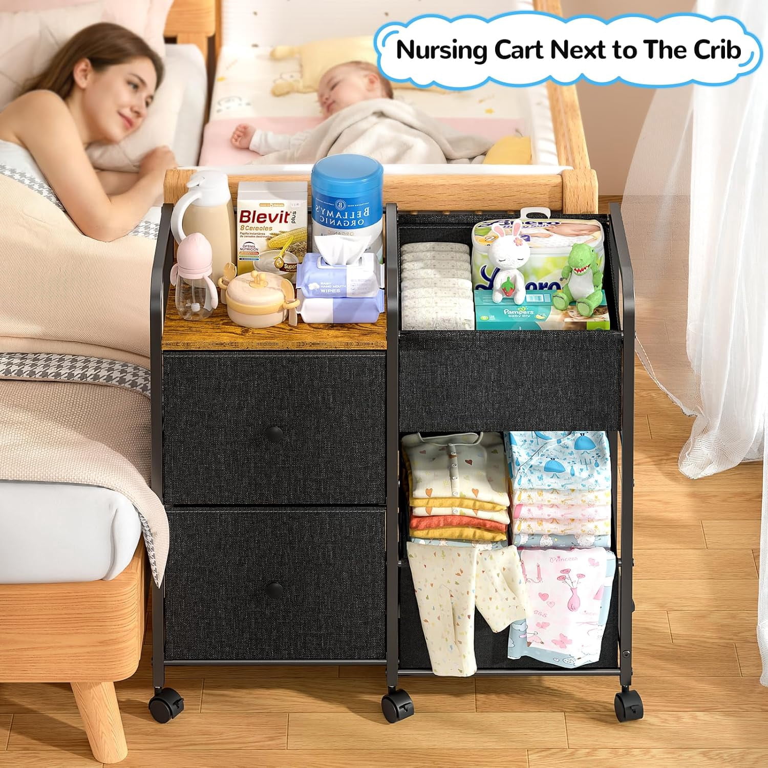 Diaper Caddy Organizer Cart with Drawers and Wheels, 5-Tier Bedside Utility Storage Shelf for Nursery