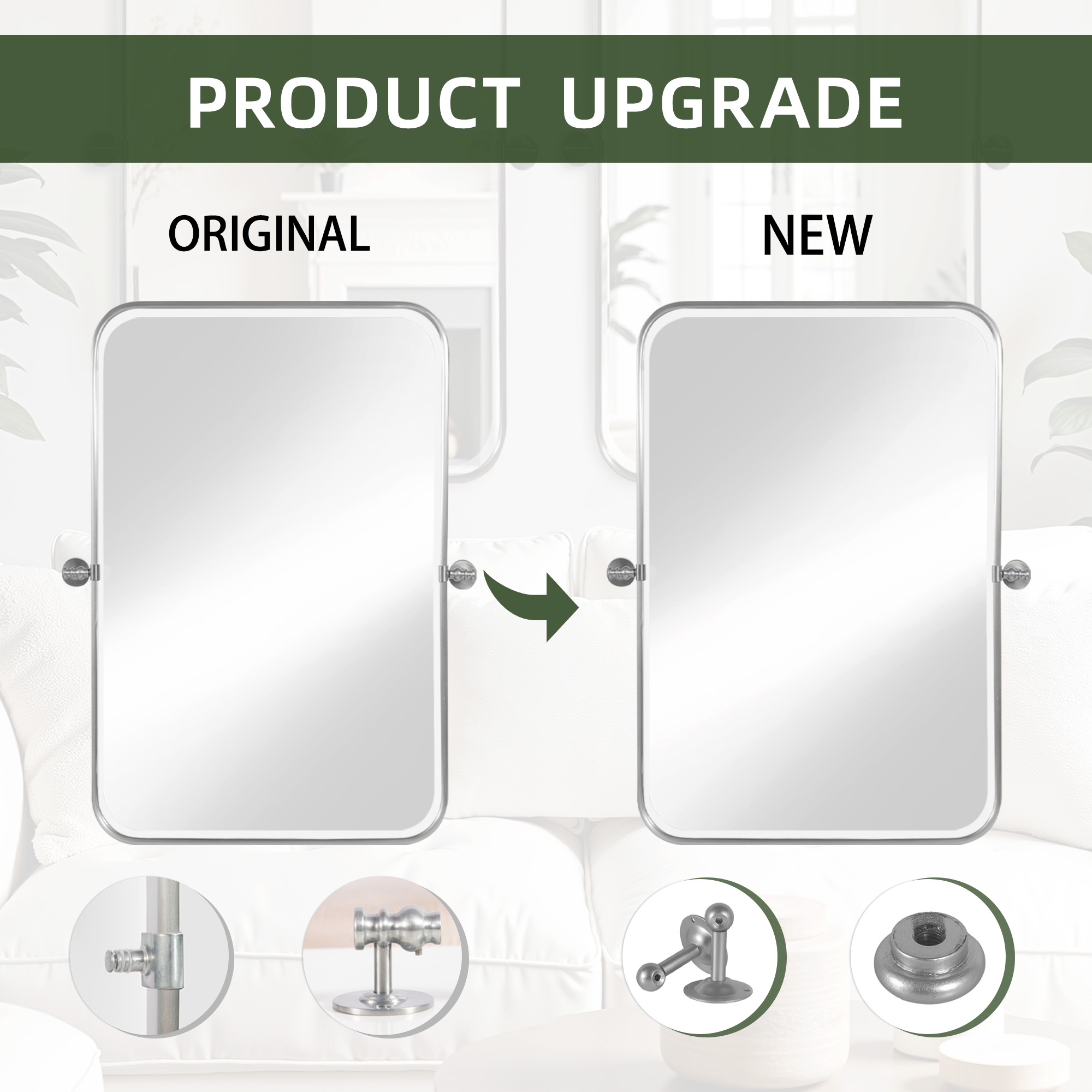 MAYEERTY 36"×24" Silver Iron Rectangular Wall Mirror Rounded Corners, Hardware, Double-Sided for Bathroom