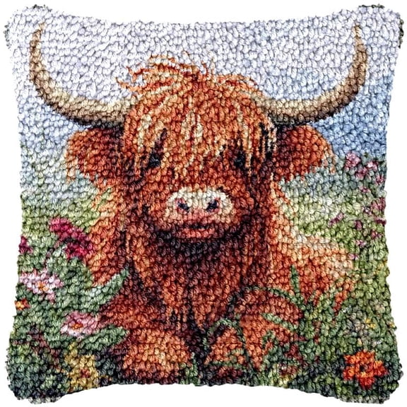 Highland Cow & Flower Latch Hook Pillow Kits for DIY Handmade Throw Pillow Cross Stitch Latch Hooking Pillowcase Rug Kits with Preprinted Color Pattern Canvas Crochet Yarn 17''X 17''(d7)