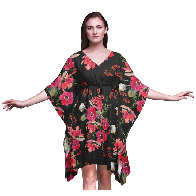 Bimba Fleur Femme Courte Plage Caftan Tenue de Plage Bikini Couvre-Maillot Robe Midi-P-L