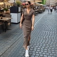thumbnail image 5 of Women'S Long Sleeve Maxi Dress Ribbed Back Slit Button Down Bodycon Soft Going Out Elegant Party Dresses Brown L, 5 of 9