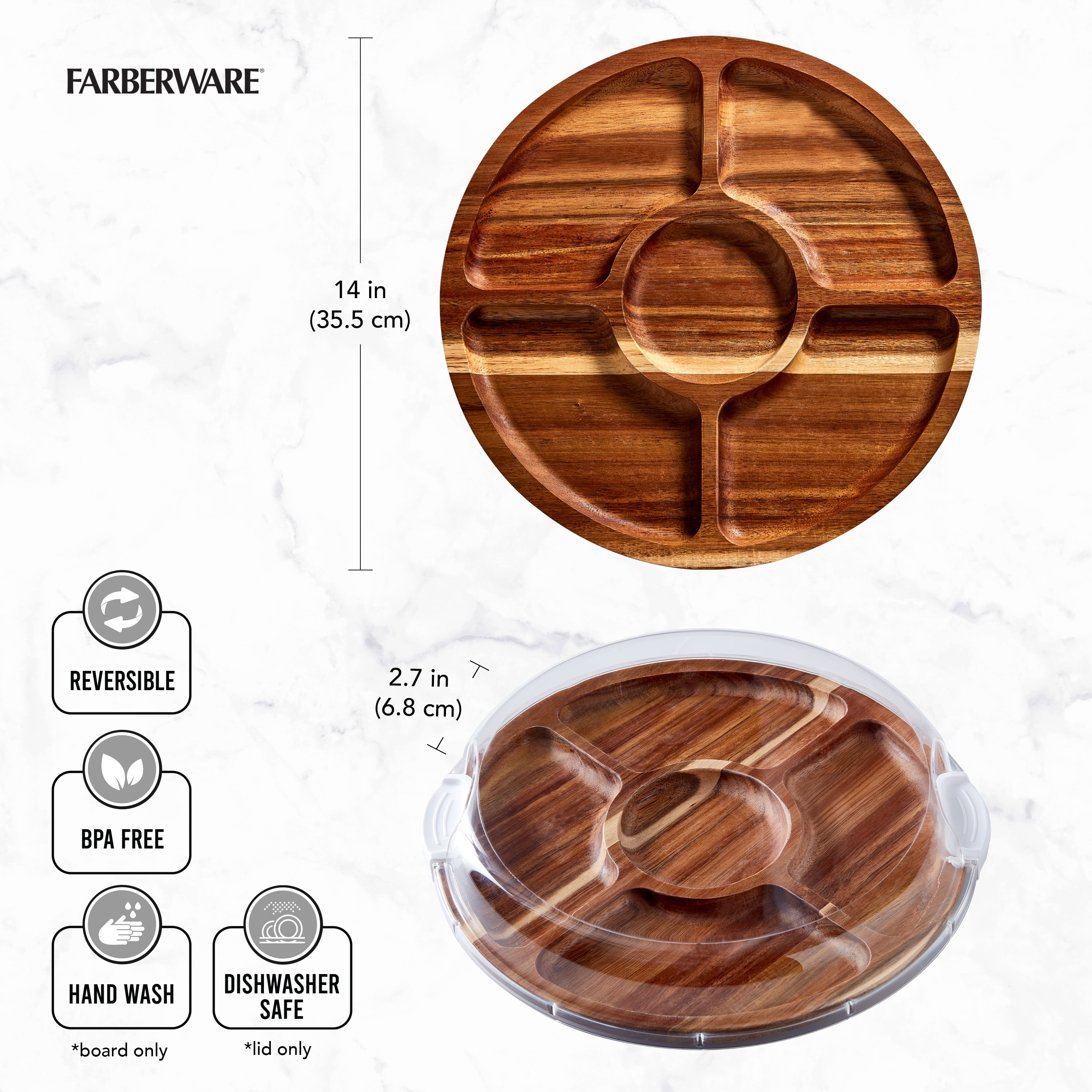 Farberware Build-A-Board 14-Inch Round Acacia Cutting Board with Lazy Susan, 5 Compartments & Locking Lid