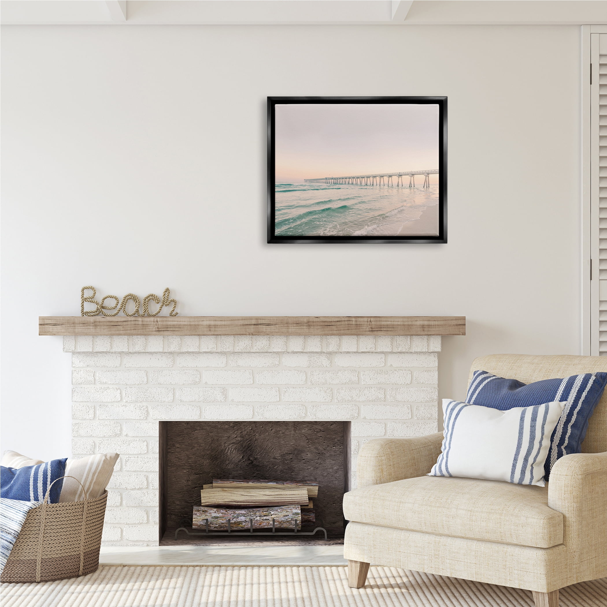 Stupell Industries Beach Pier Bridge Landscape Nature Photography Black Floater Framed Art Print Wall Art, 31 x 25