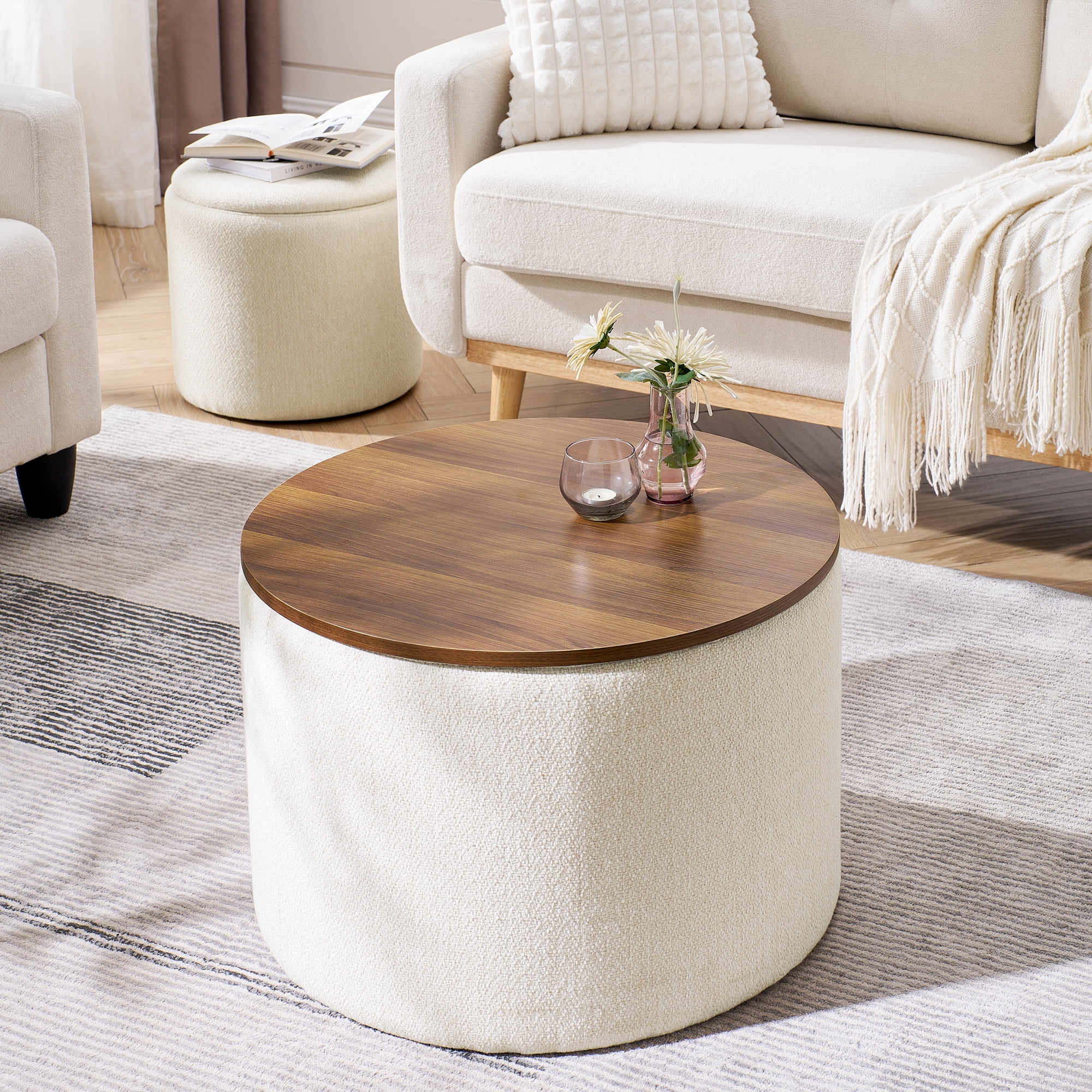 Lunale Round Storage Ottoman Set of 2, Chenille Upholstered Coffe Side Tables for Living Room, Beige
