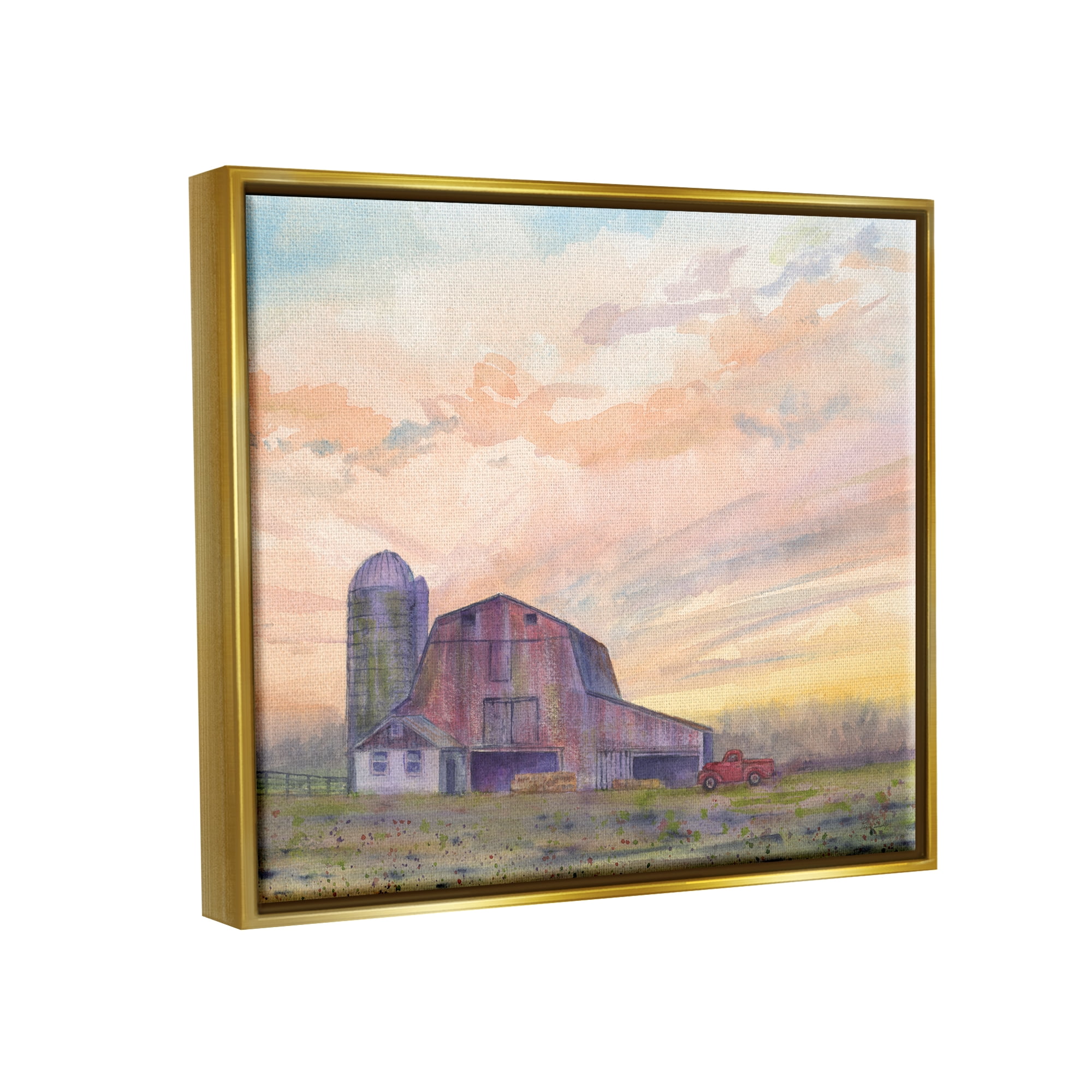 Stupell Industries Country Barn at Sunrise Nature Painting Gold Floater Framed Art Print Wall Art, 31 x 25