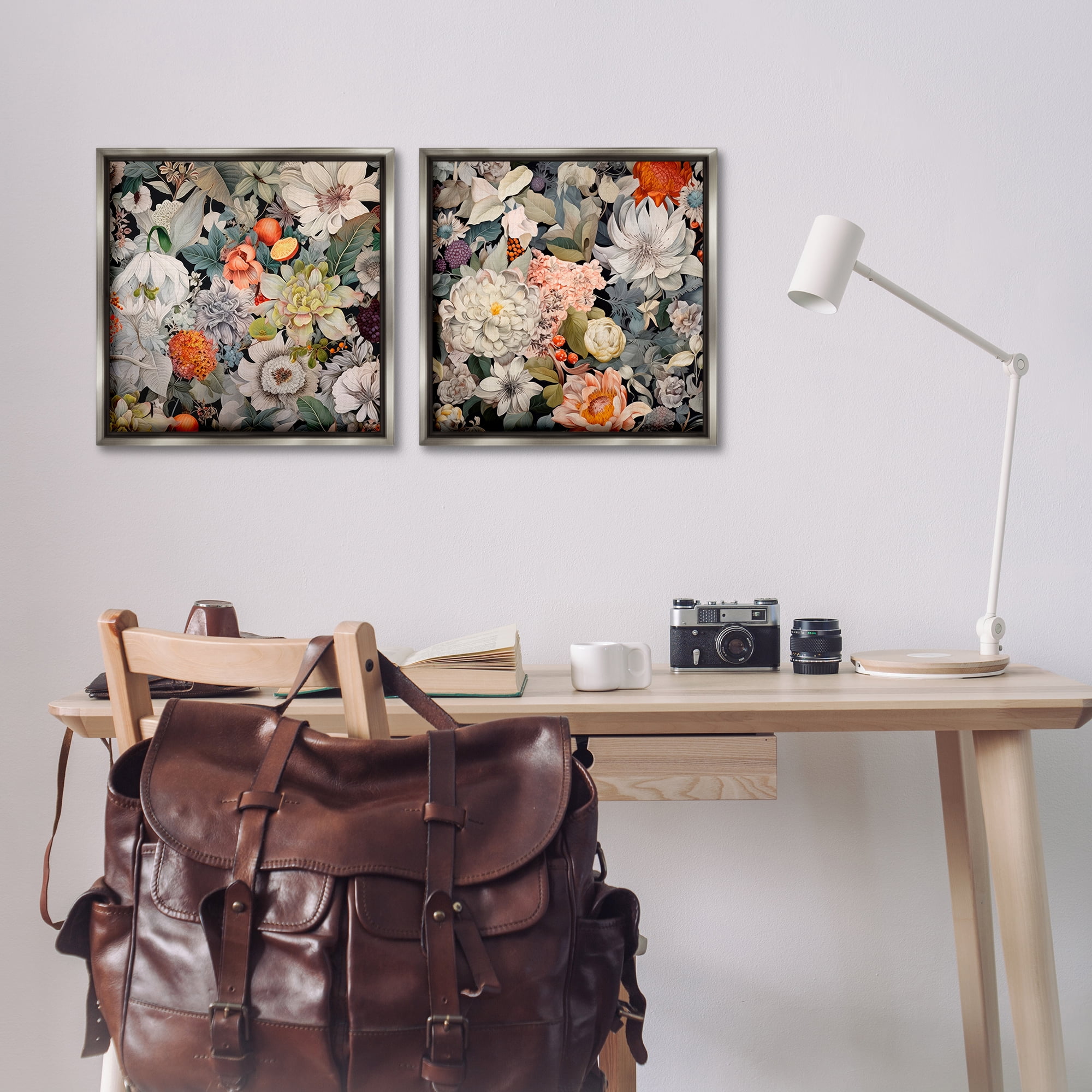Stupell Industries Striking Botanical Floral Plants & Flowers Painting Gray Floater Framed Canvas Art Print Wall Art, 18 x 18, Set of 2
