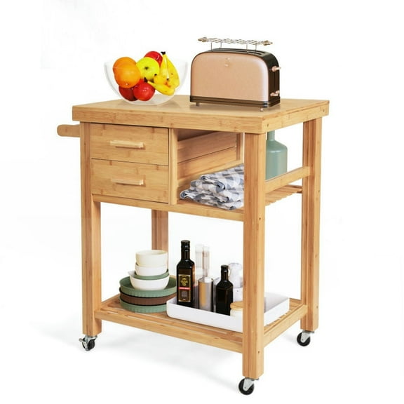 Demi Bonn Rolling Cart, Kitchen Island Cart, Bamboo Kitchen Trolley Cart with Tower Rack and Drawers, for Kitchen, Dining Room, Natural