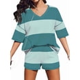 thumbnail image 3 of Women's Striped Oversized Sets Shirts Shorts for Summer Lounge Green S, 3 of 10