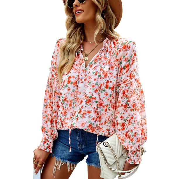 Blusa de mujer de manga larga con escote en V y encaje empalmado, camisa femenina encantadora con estampado Floral para el trabajo y el hogar
