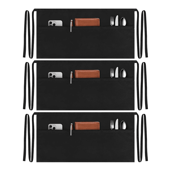 3 Pack Server Aprons with 3 Pockets, Water Oil Stain Waitress Waiter Apron Black Waist Aprons Bistro Apron for Women Men,3 Pack * Server Aprons,Black