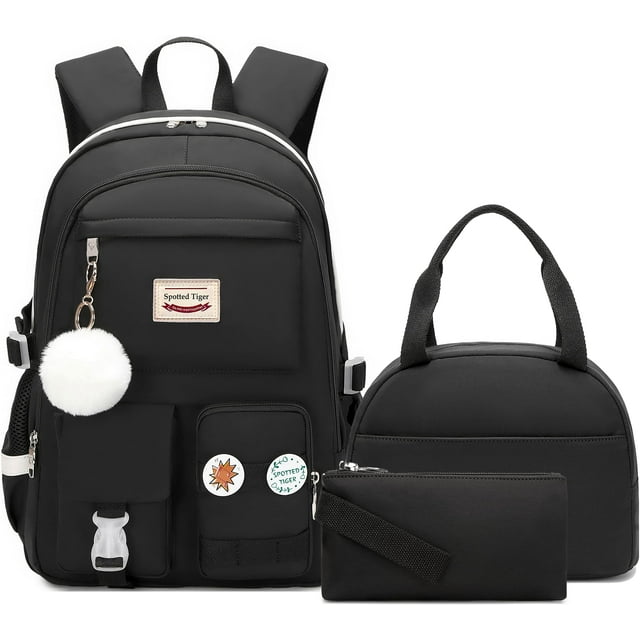 Mochila escolar Spotted Tiger para niñas con lonchera (negra)