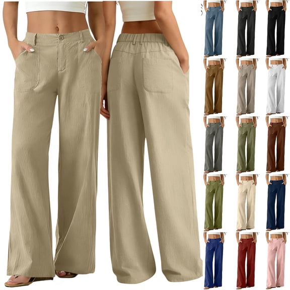 Axiiglly Pants for Women Wide Leg Elastic High Waisted Cotton Linen Boho Summer Casual Flowy Palazzo with Pockets, S-2XL