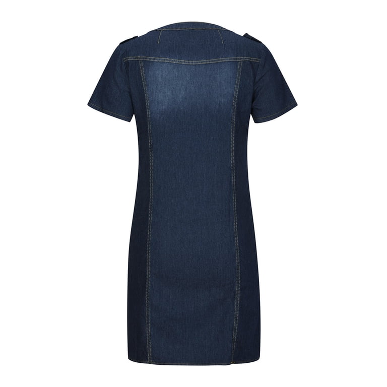 collarless denim dress Wholesale Solid Color Denim Dress Sleeveless Collarless Knee-Length Dress Perfect for Travel