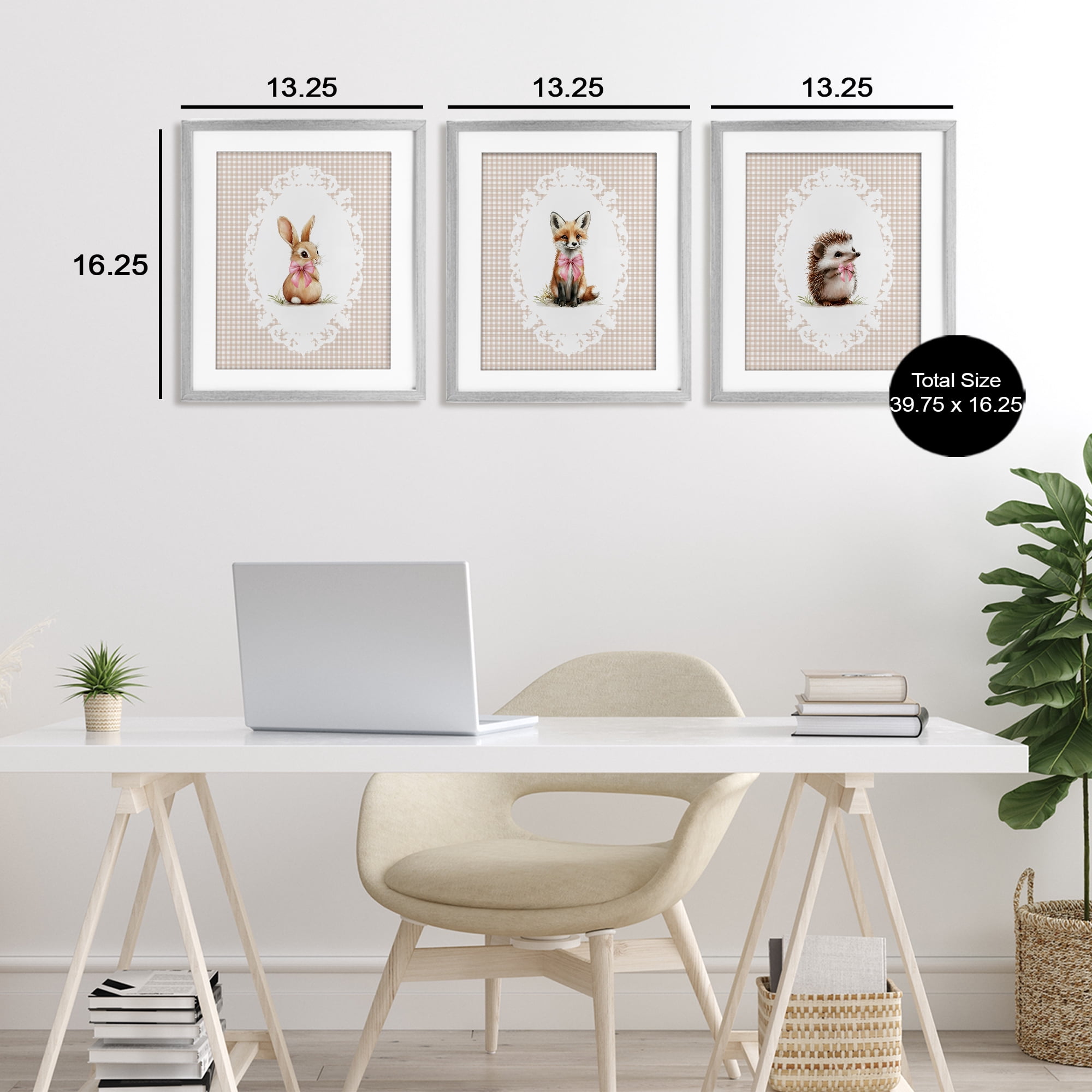 Stupell Industries Vintage Baby Bow Animals 3 Piece Gray Framed Print Under Glass Set, design by Christine Simpson Art