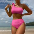 thumbnail image 2 of HAPIMO Women's 2Pc Bikini Sets Soild Color Sleeveless One Shoulder Summer Beach Vintage High Waist Tropical Hawaii Swimsuit Clearance Trendy Bikini Hot Pink L, 2 of 5