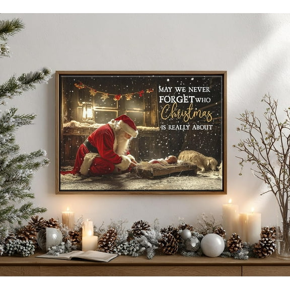 PosterArt Winter Holiday Nativity Poster, Birth of Jesus Religious Wall Art, Santa and Nativity Scene Sign, 8x12 UNFRAMED