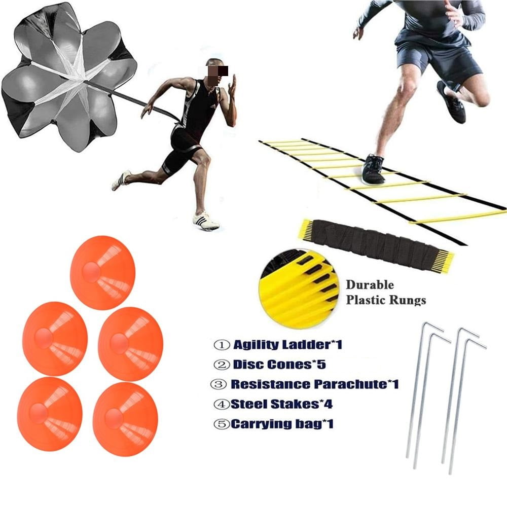EOTVIA Agility Ladder, 20 Ft Speed Training Equipment Includes 12 Rungs, 1 Running Parachute, 5 Disc Cones, 4 Steel Stakes, 1 Carry Bag, Speed Agility Training Set For Football Basketball Hockey