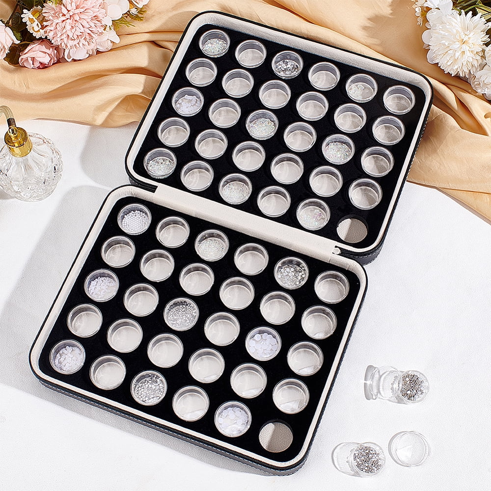 1set 60pcs 2 colors Plastic Loose Diamond Round boxes Organizer Bags for Nail Art Small Items Loose Gems Storage Black and White Black bag: 26x20.5x6.6cm round box: 32mm in diameter 30pcs/color