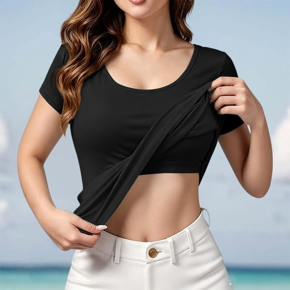 Duoif Women's Short Sleeve Shirt with Built in Bra Padded Athletic Workout Yoga Top Summer 2026, Black, L