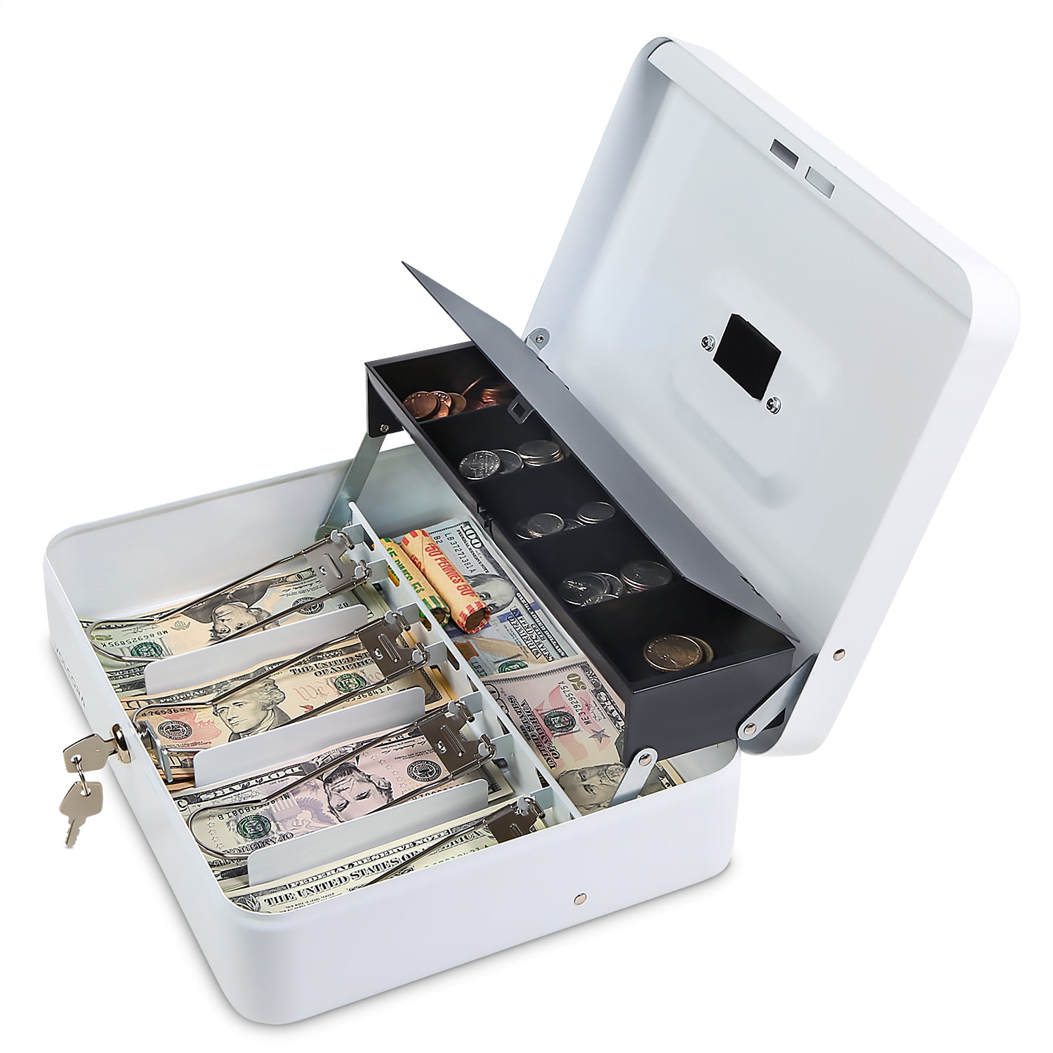 Fundraiser Petty Cash Metal Lockable Storage Box for Change Portable and Compact 2 Keys Tiered Money Coin Tray and Bill Slots Garage Sale Black Steel Cash Box with Safe Key Lock