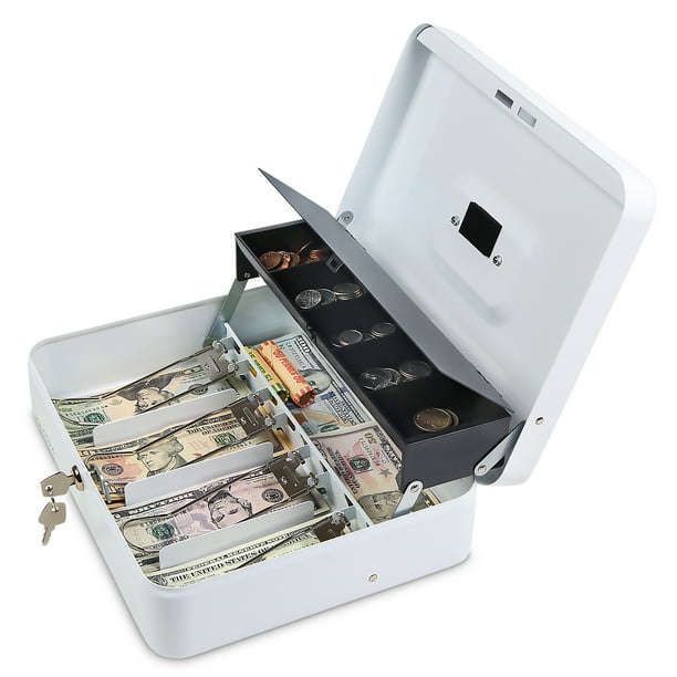 Cash Box with Key Lock Steel Tiered Money Coin Tray with Lid Cover