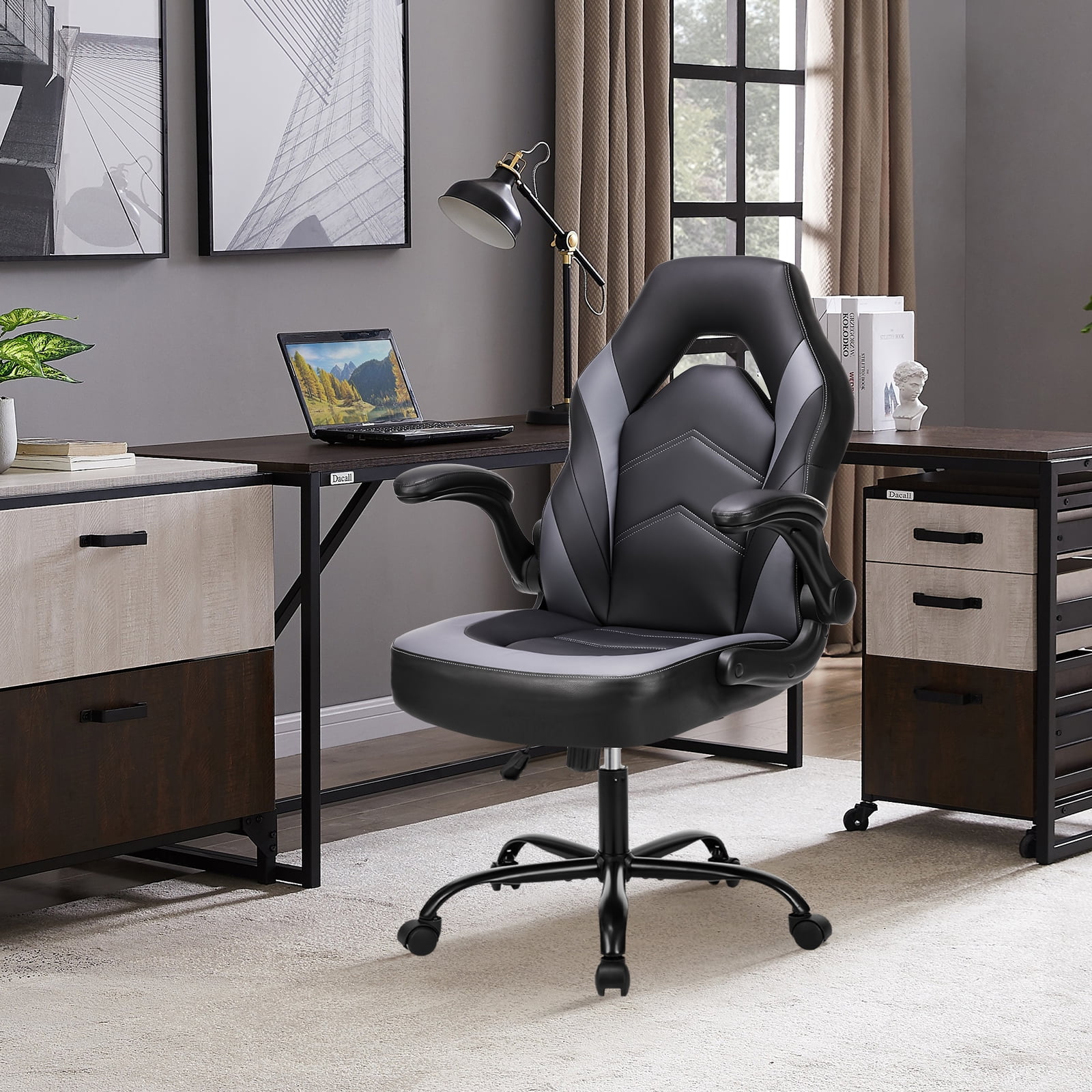 CONCETTA PU Leather Computer Gaming Desk Chair, Ergonomic Adjustable Swivel Racing Chair with Flip-up Armrest, Black Grey