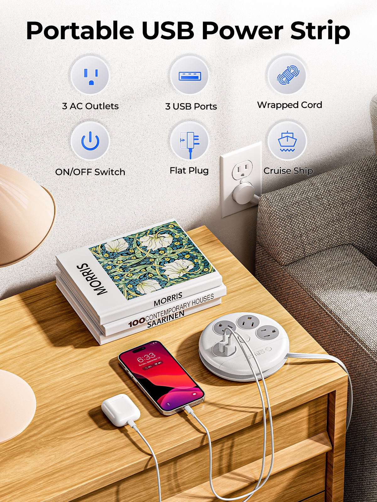 ORICO Flat Plug Power Strip 3 Outlets 3 USB A Ports 10 ft Long Extension Cord Power Strip with Switch