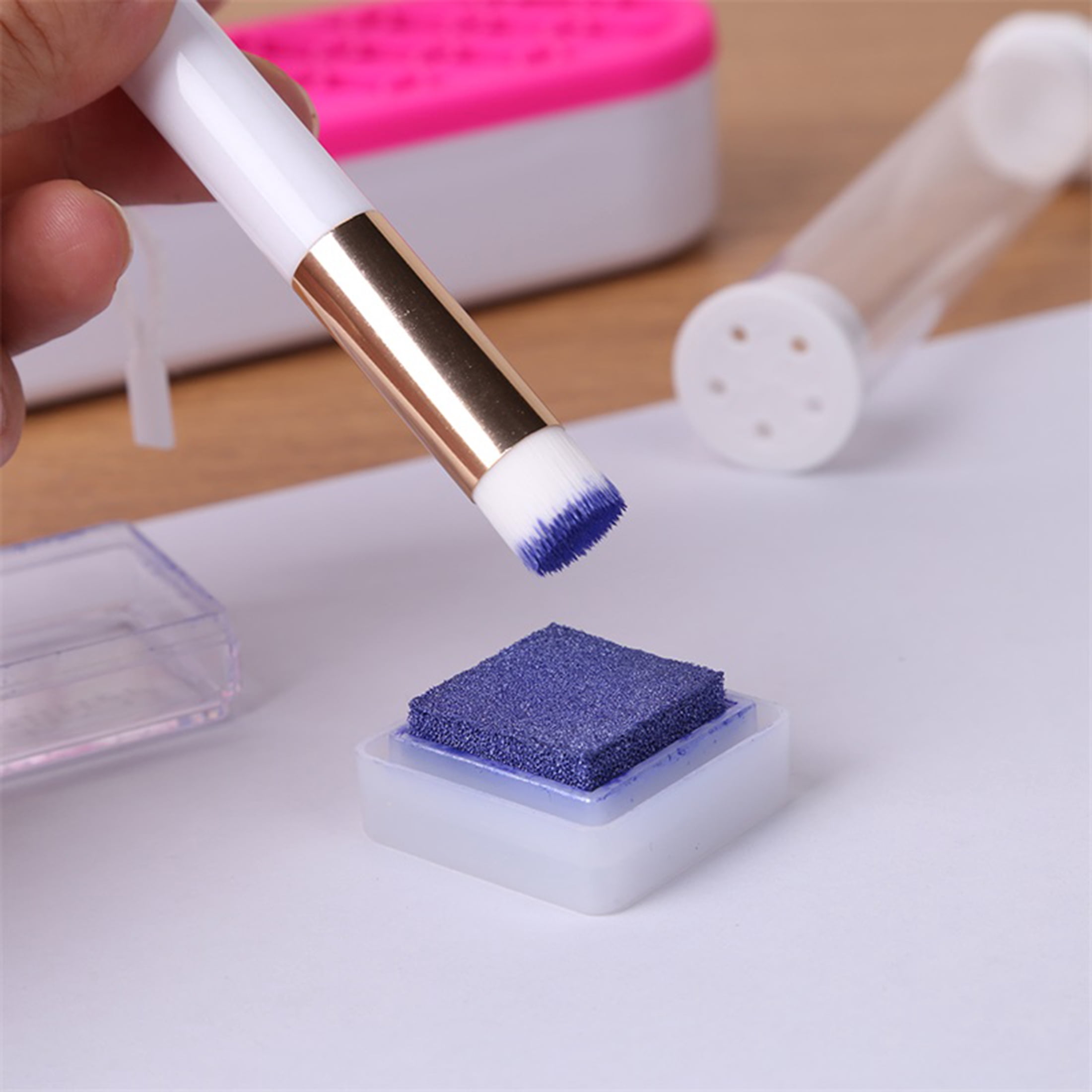 Briartw 6 Pieces Gold Mini Blending Brushes and Brush Holder Brush Rack Set for Card Making Drawing Crafting Ink Paint Brushes Sets