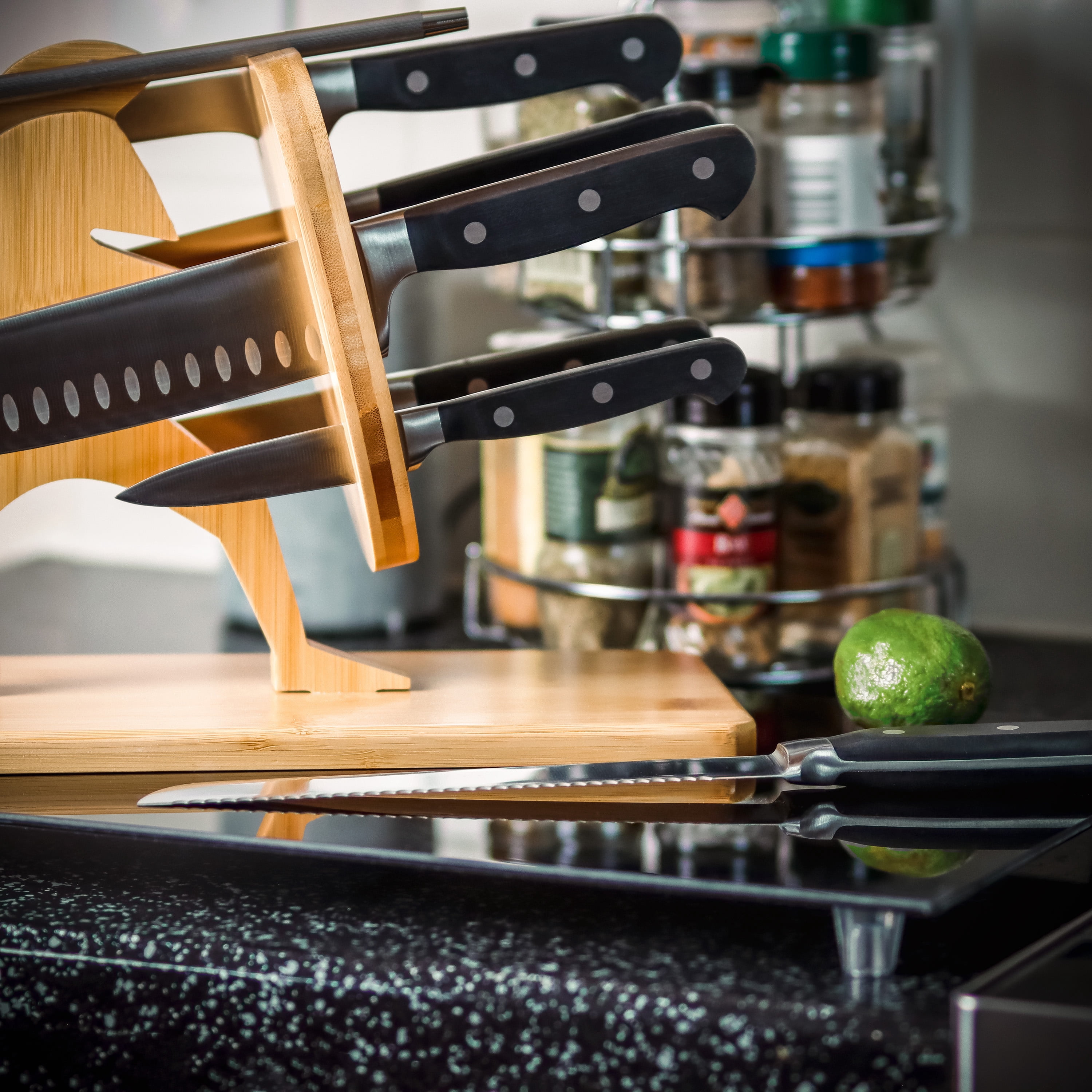 Spartan Warrior Pine Wood Knife Block Holder with 6 Knives and Sharpener