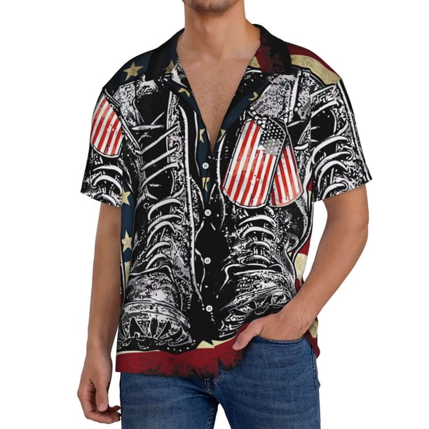 Balery Veterans Day1 Camisa Casual de Manga Corta con Botones para Hombre, Texturizada, Estilo Cubano, para Playa, Verano-3X-Large