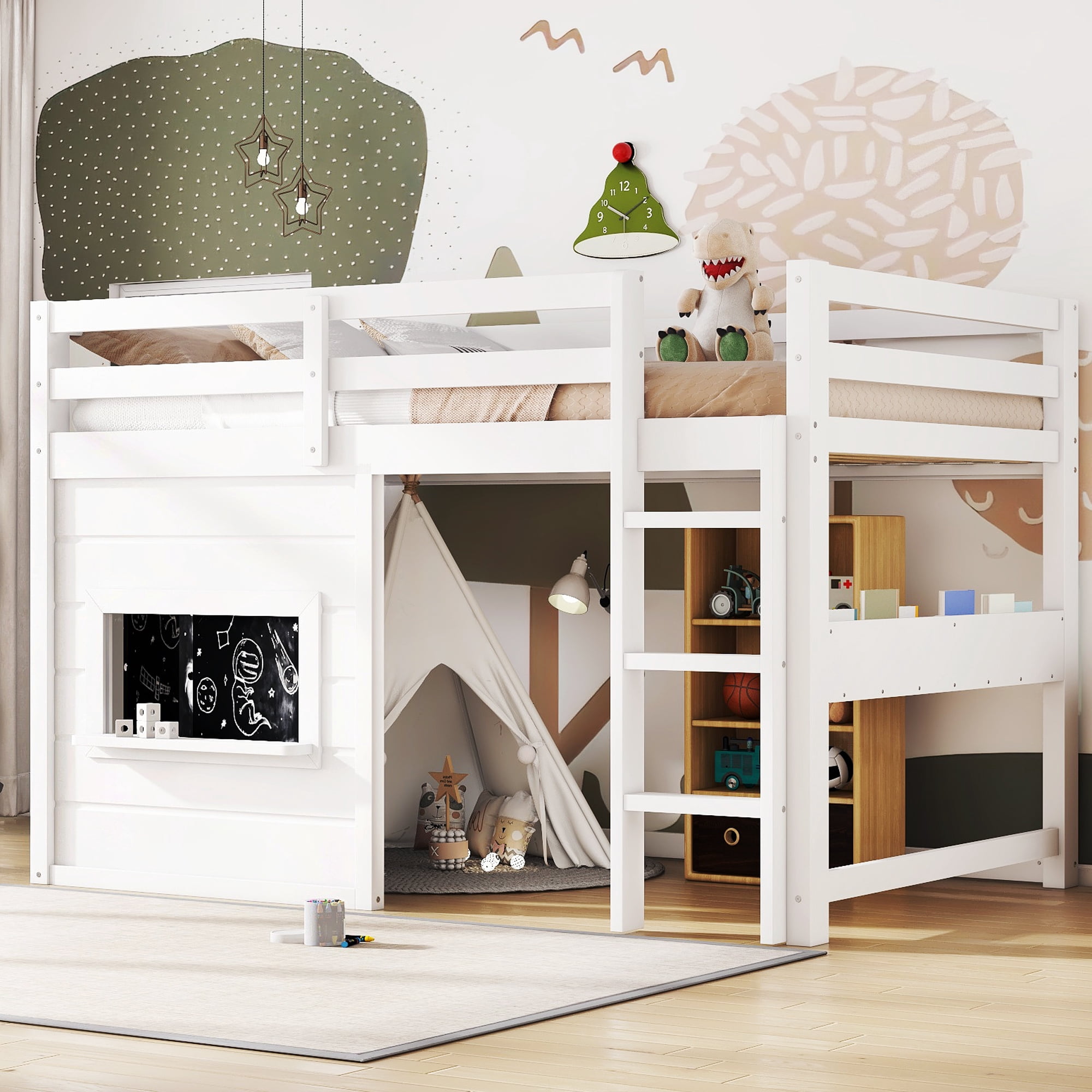 Leumius Twin Size Loft Bed with Storage Shelves,Solid Wood Low Loft Bed Frame with Chalkboard and Bookshelf,Space Saving,White