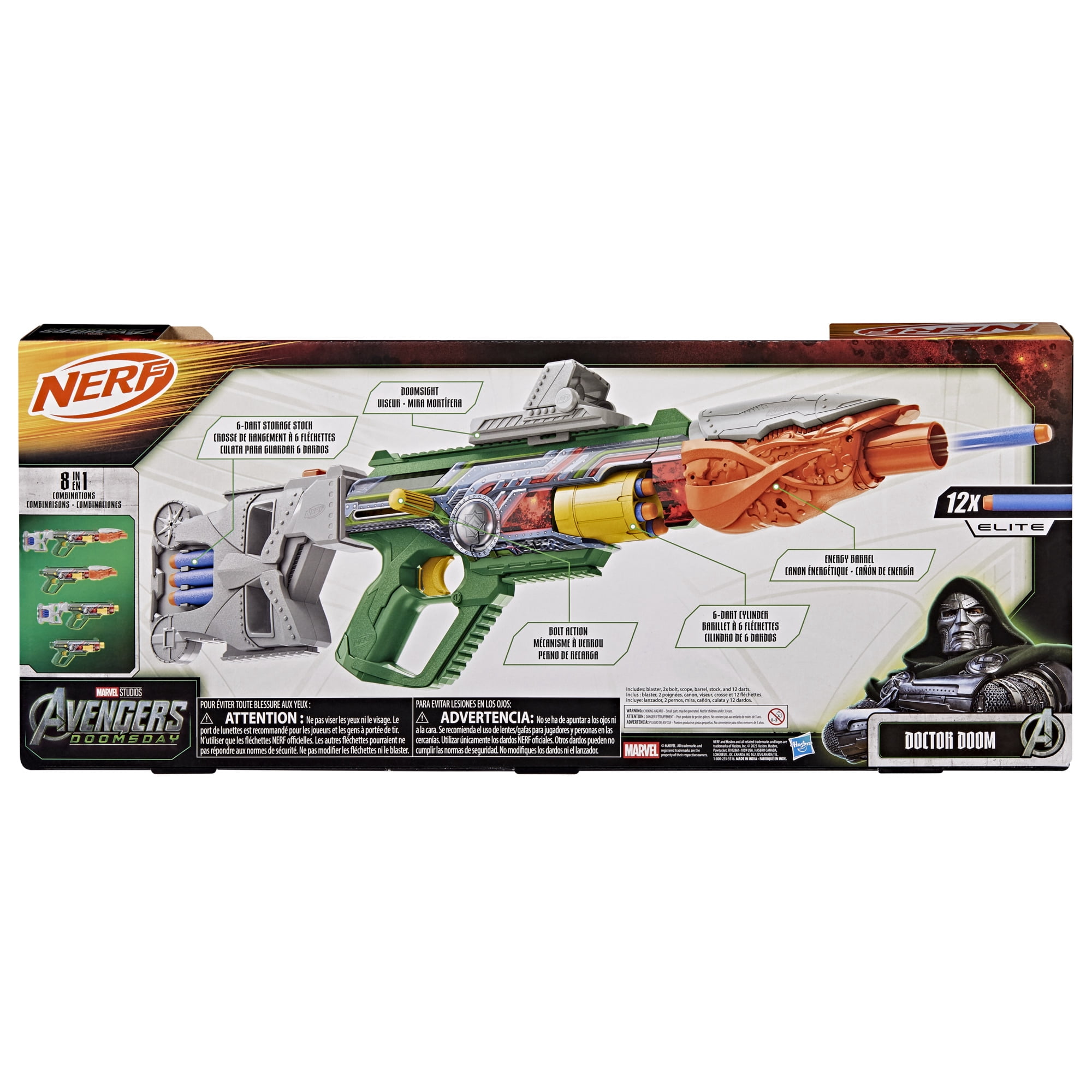 Nerf Marvel Doctor Doom Blaster with Scope, Barrel, Stock & 12 Elite Darts for Outdoor Play