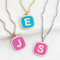 Personalized Planet Women's Cushion Shape Enamel Initial Necklace