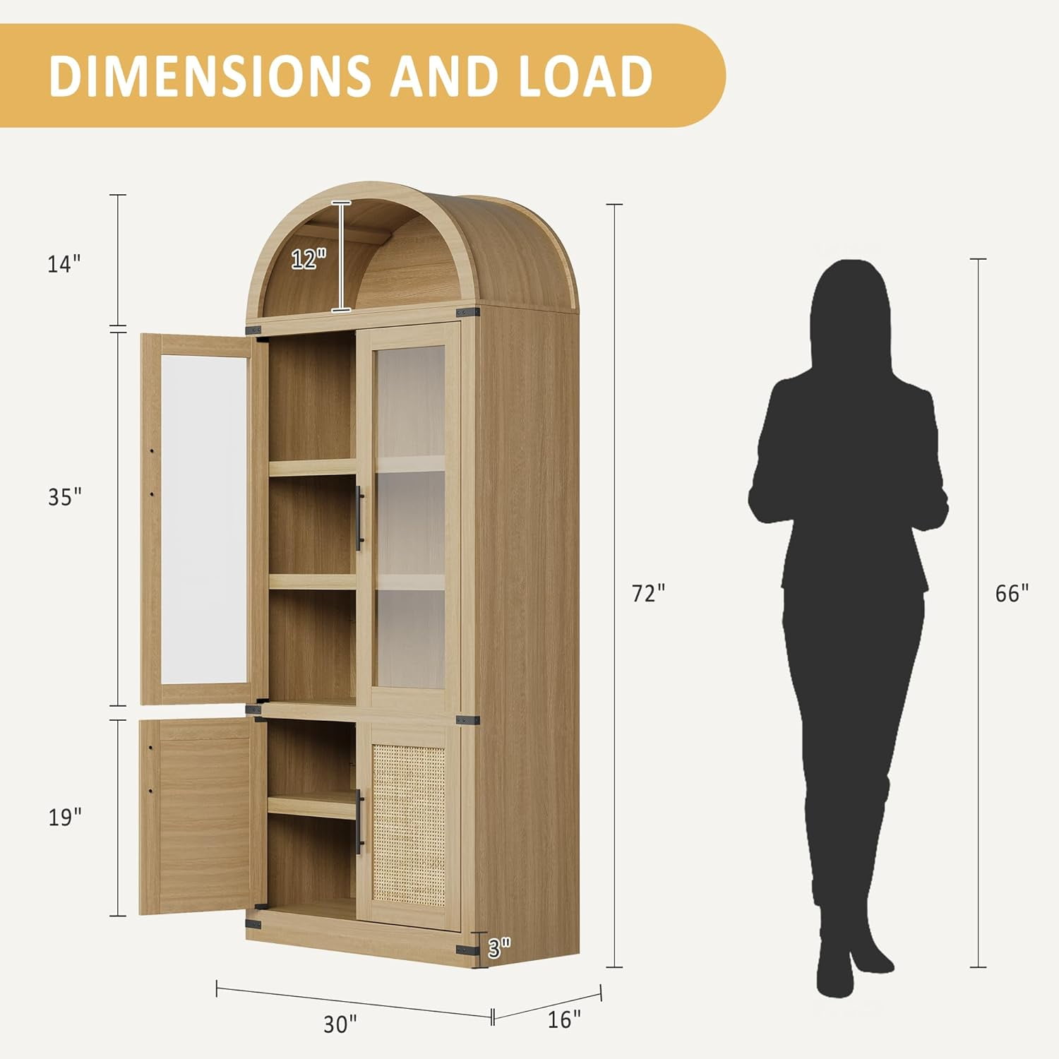 Memoryfield 72" Tall Arched Bookcase with Glass Doors, 6 Tier Display Bookshelf Storage Cabinet, Modern Floor Standing Organizer for Home Office Living Room, Natural