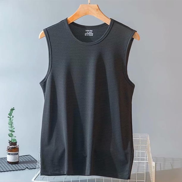 pstuiky Camisetas sin mangas para hombre, Camisola deportiva informal de cuello redondo y alta elasticidad de color liso para hombre Camisas de hombre m