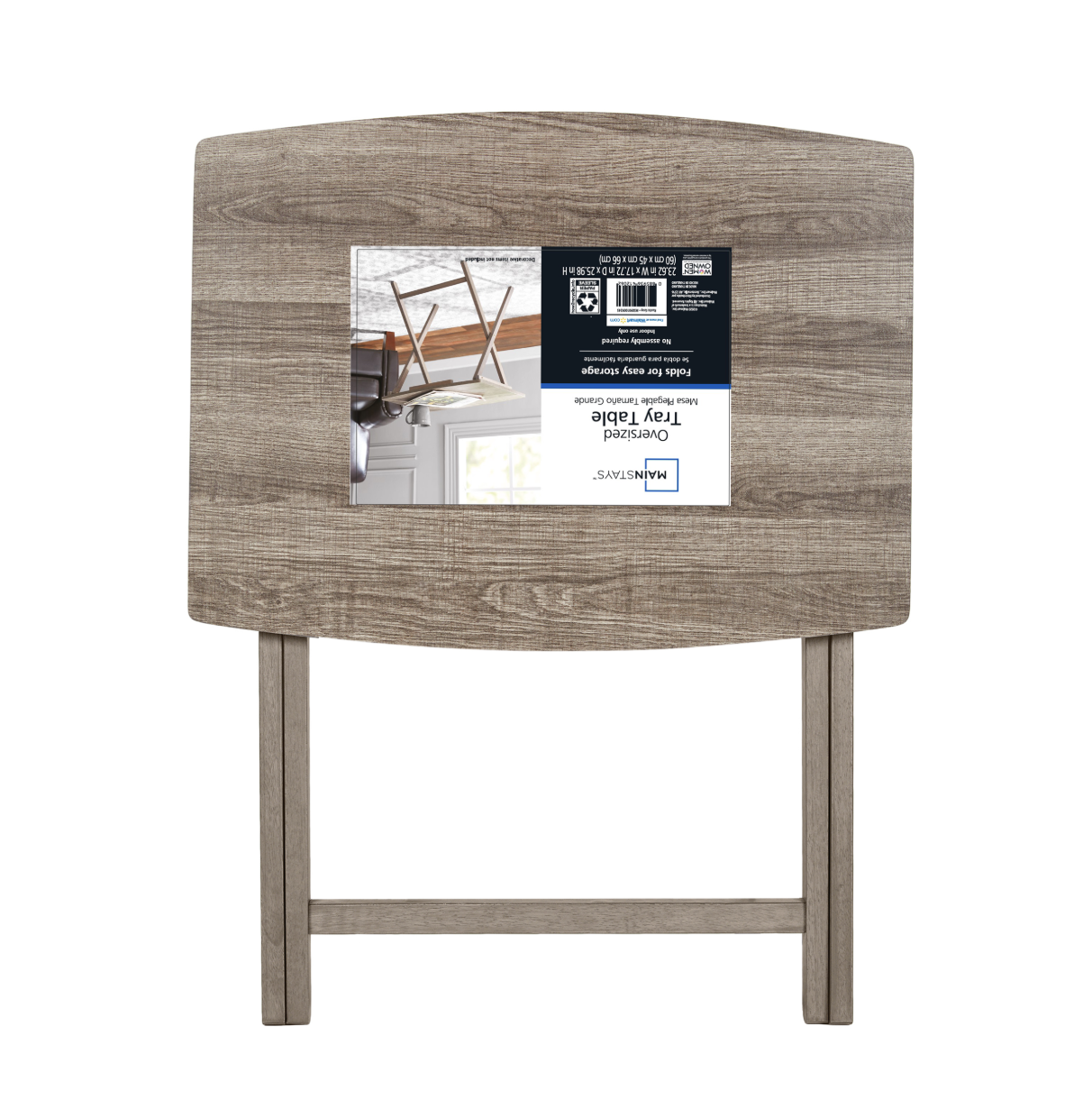 MAINSTAYS MODERN INDOOR FOLDING XL OVERSIZED TRAY TABLE IN RUSTIC GRAY L23.5 X W18 X H26 INCHES.
