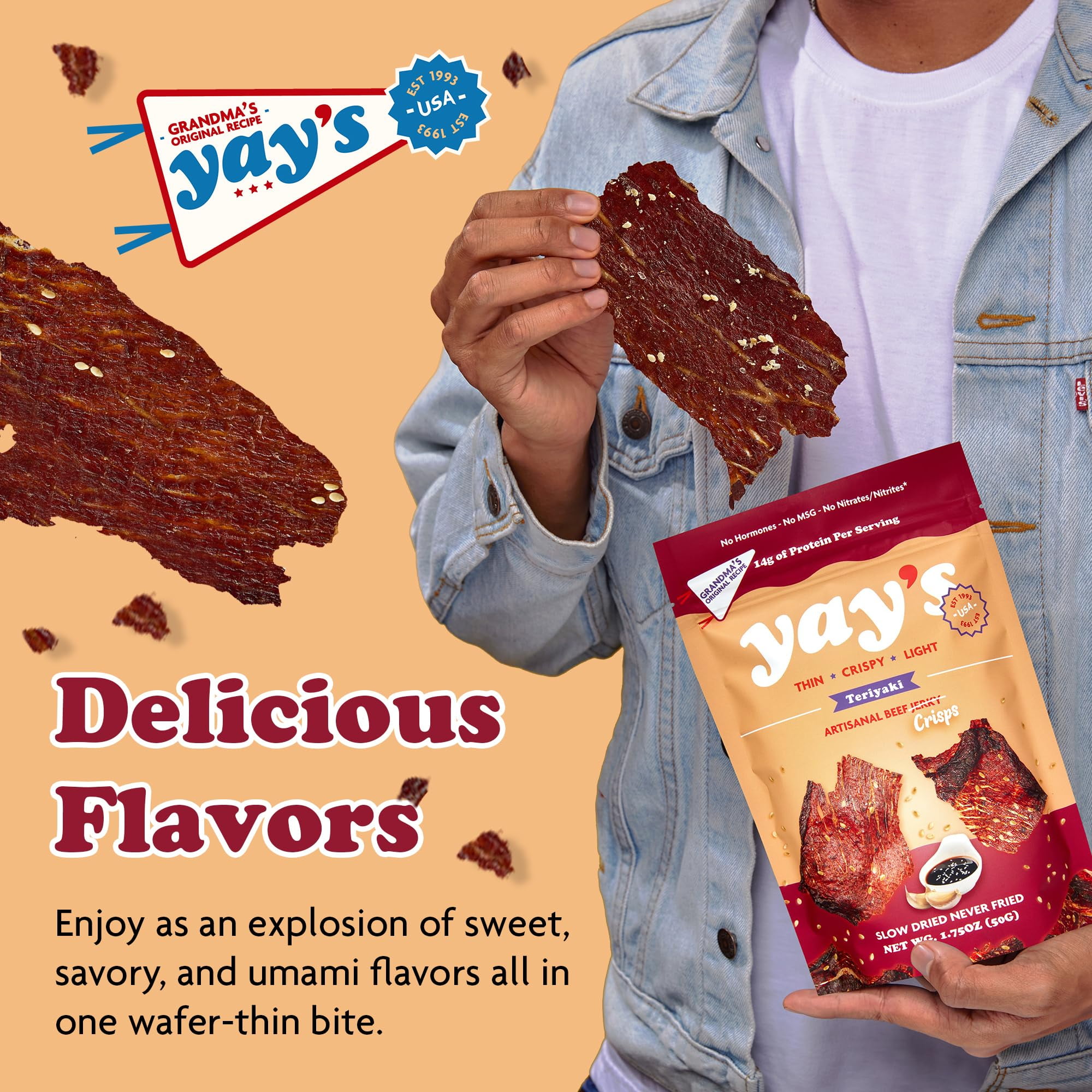 Yay's Snacks Sweet & Savory Beef Crisps, High-Protein Ready-to-Eat Crispy Crunchy Chipped beef, Teriyaki Beef Jerky with 28g Protein per Bag, Non-GMO Healthy Meat Snack, USA-Made pack of 3 (1.75 oz)