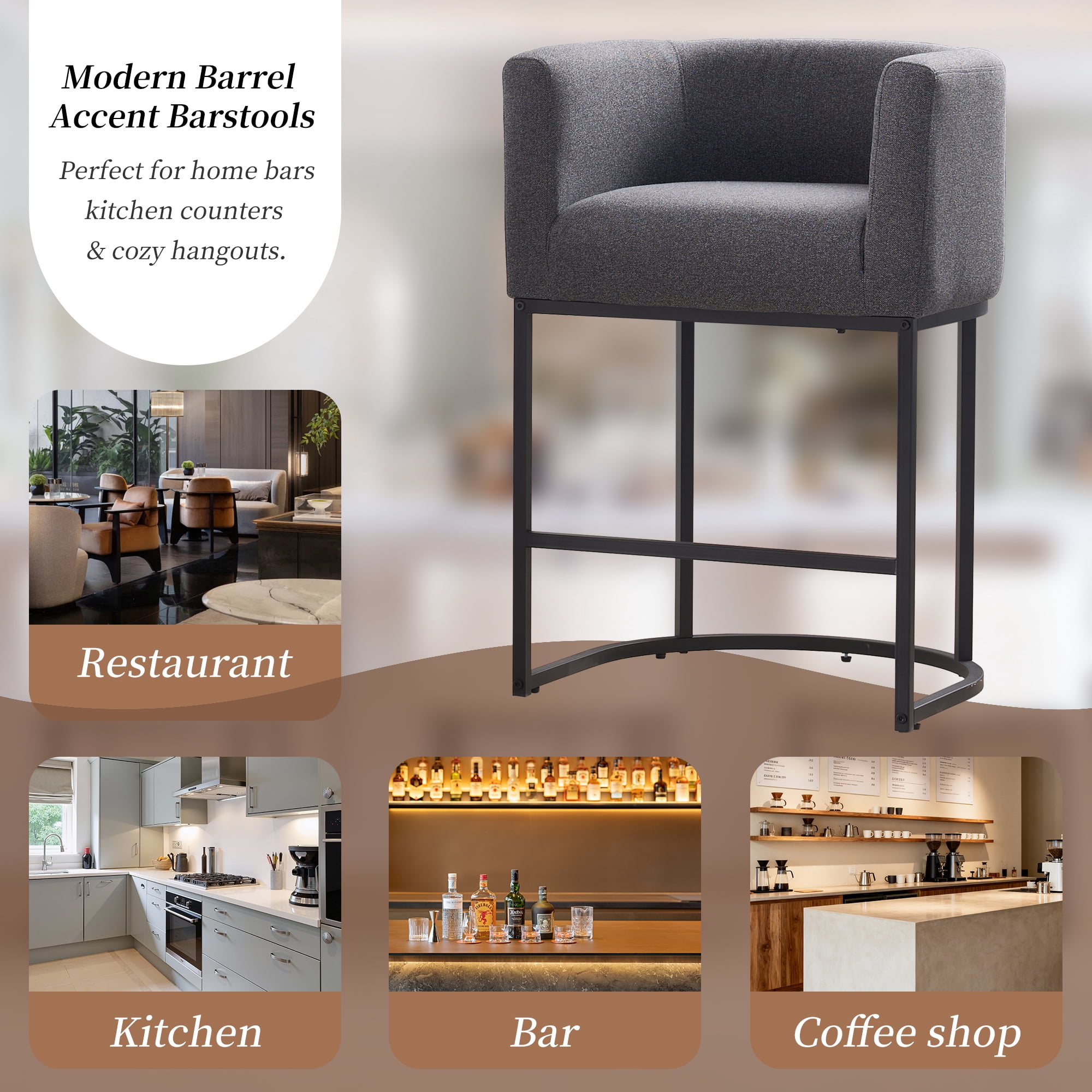 ClinQ Counter Height Bar Stool Set of 3, 26 in Fabric Upholstered Seat, Metal Legs for Indoor Dining Room and Kitchen Island, Darkgray