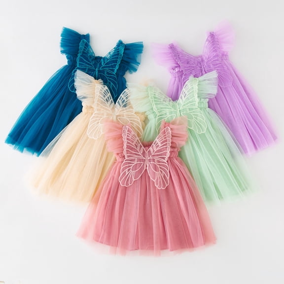 RTKFRFLM Girls Flutter Sleeve Butterfly Wings Dress Kids Mesh Tutu Gown for Carnival and Party Toddler Elegant Princess Puffy Performance Gown Children's Fairy Tale Role Play Outfits Pink
