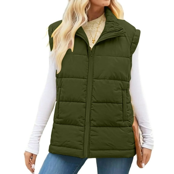 Womens Loose Puffer Vest Cotton Warm Coat Full Zip Jackets Sleeveless Fall Winter Hoodless Casual Outerwear (XL, Green)