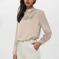 thumbnail image 2 of ABATAB Mock Neck Satin Shirts for Women Casual Silky Plain Dressy Pullover Tops Elegant Long Sleeve Business Office Ladies Outfits(Medium,Khaki), 2 of 7